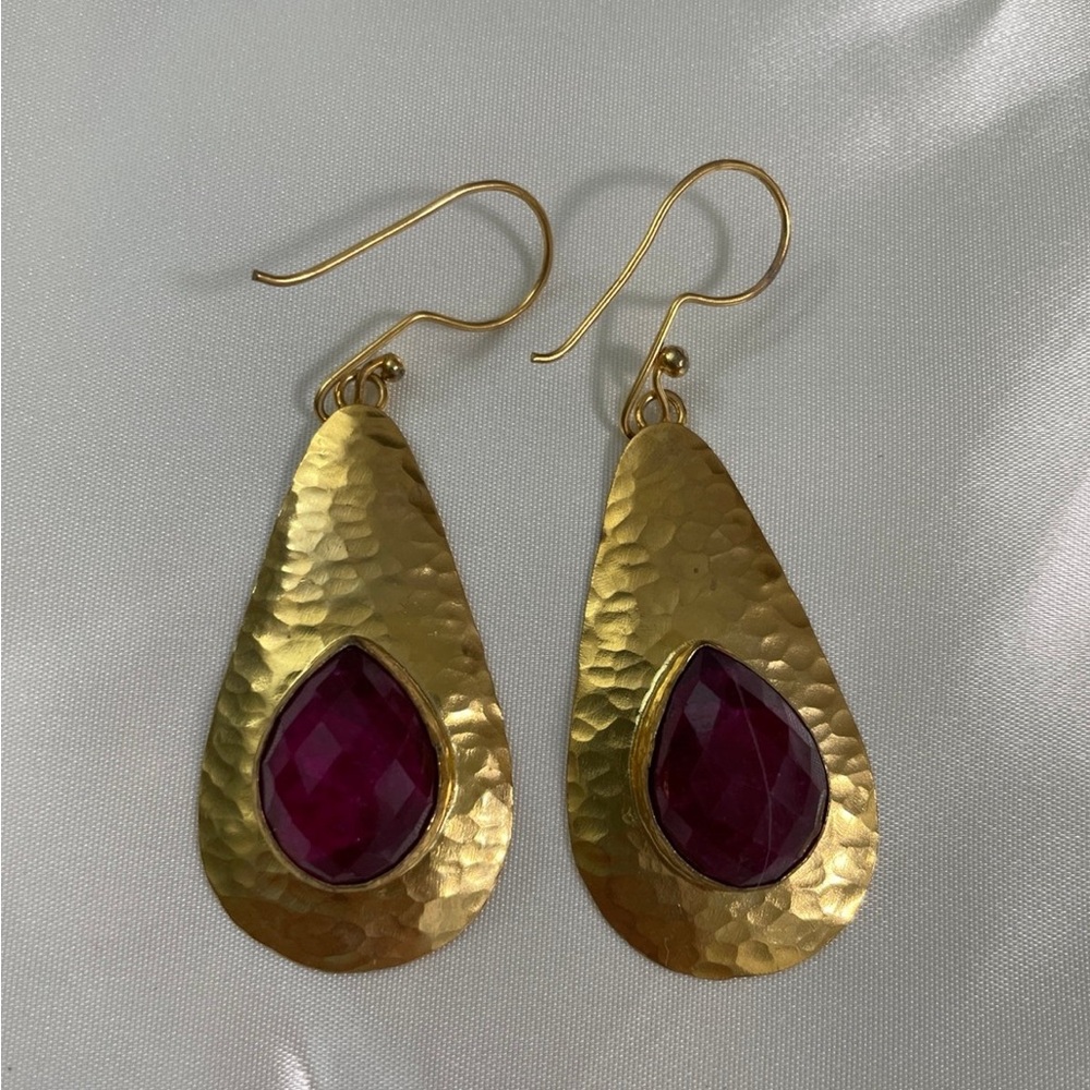 Gold and Magenta Teardrop Earrings